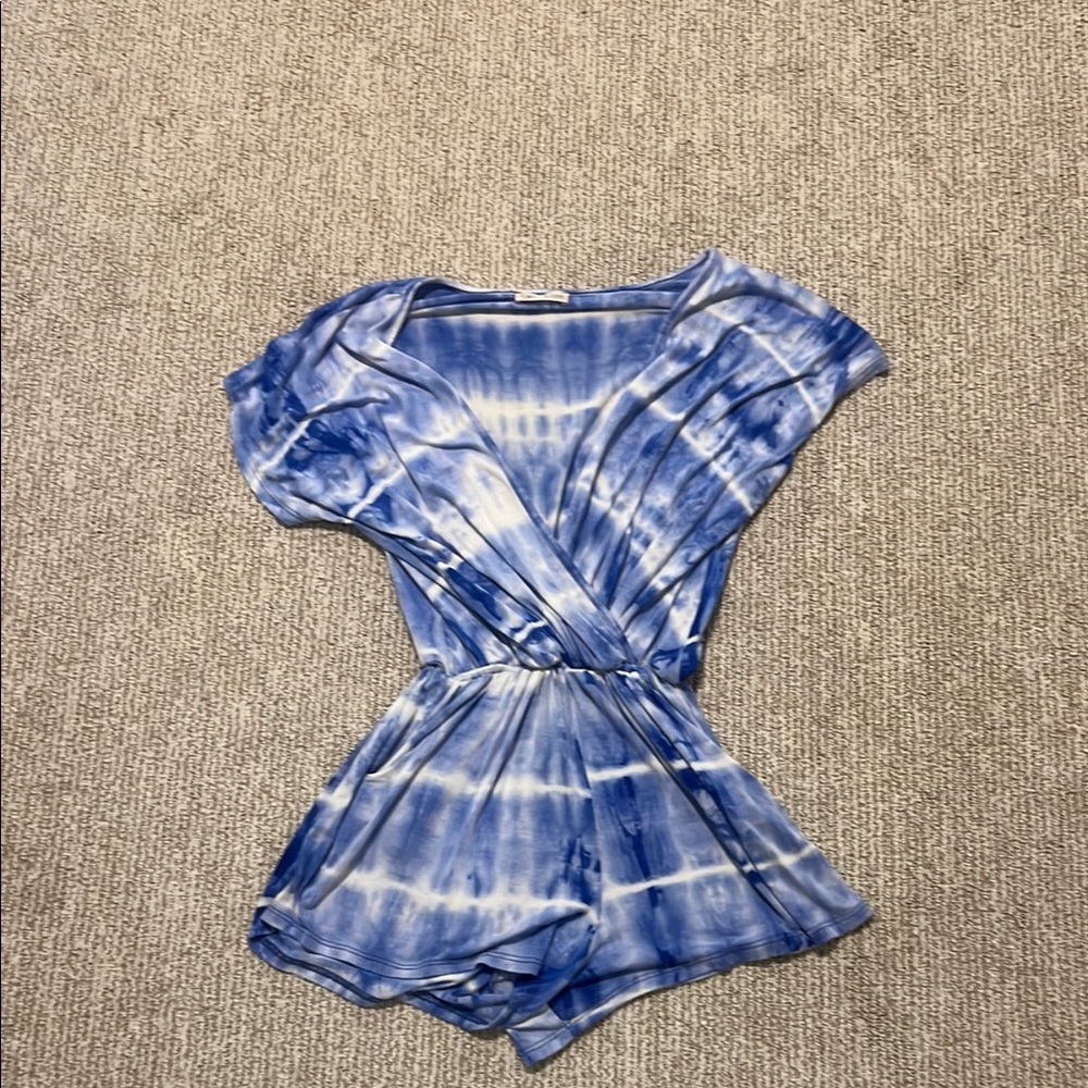 Blue and White Tie Front Cap Sleeve Bodysuit